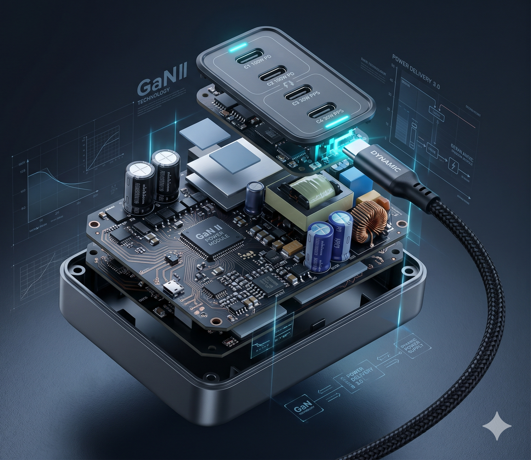 A detailed 3D render of an open GaN charger, showing its internal circuit board, electronic components, and four USB-C ports, with technical diagrams and glowing elements highlighting advanced technology.