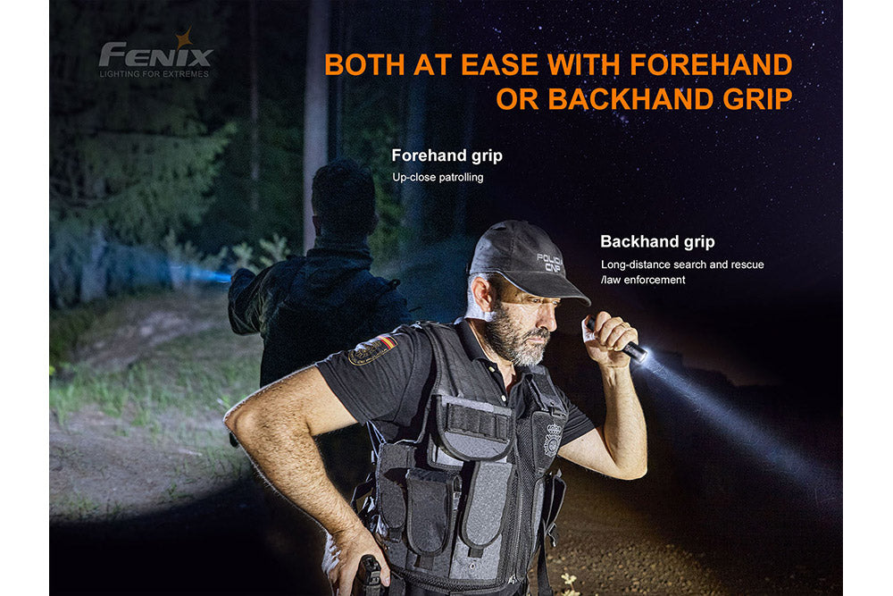 Two people in tactical gear use the Fenix PD35 V3.0 Everyday Carry Flashlight – 1700 Lumens in a dark outdoor setting. One holds the Fenix PD35 V3.0 with a forehand grip, while the other uses a backhand grip, as text explains the purpose of each technique.