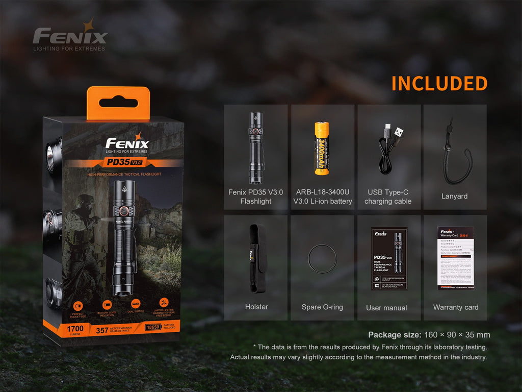 Fenix PD35 V3.0 Everyday Carry Flashlight package with 1700 lumen flashlight, ARB-L18-3400U battery, USB Type-C charging cable, lanyard, holster, spare O-ring, user manual, and warranty card. Package size: 160 × 90 × 35 mm.