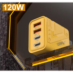 The 120W GaN USB-C Wall Charger | 4 Port PD Fast Charger with Cable is shown in yellow with two USB-A and two USB-C ports (QC 3.0/PD), set against a tech-themed background—ideal for charging multiple devices.