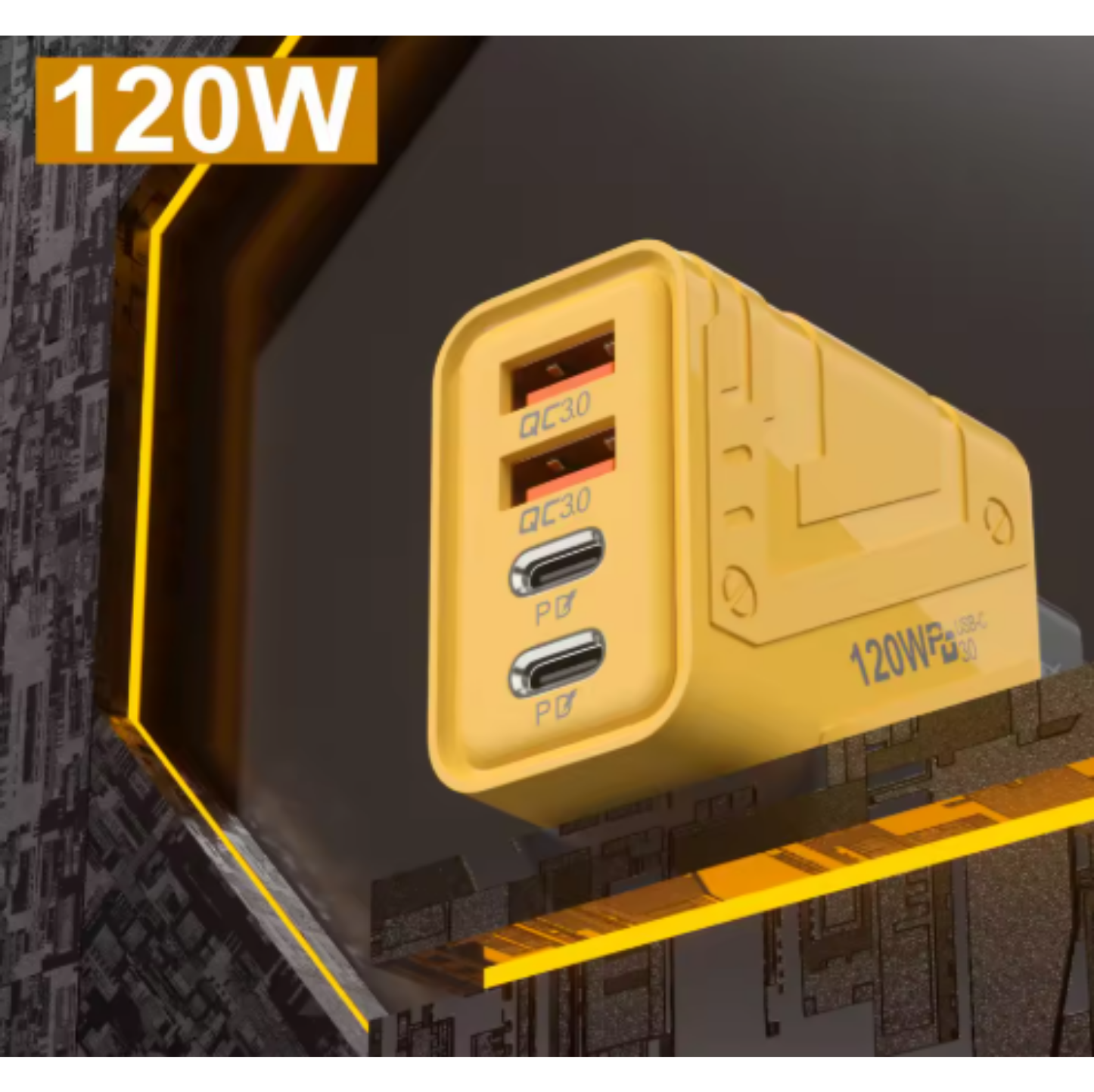 The 120W GaN USB-C Wall Charger | 4 Port PD Fast Charger with Cable is shown in yellow with two USB-A and two USB-C ports (QC 3.0/PD), set against a tech-themed background—ideal for charging multiple devices.