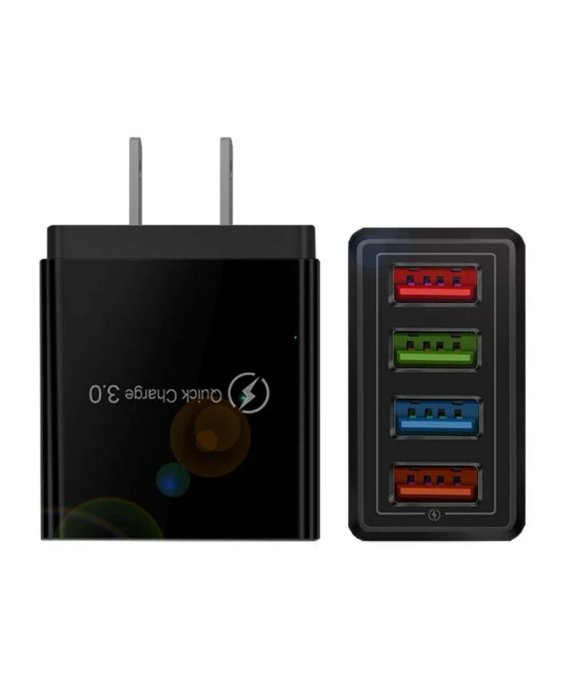 The USB Wall Charger Plug Block Cube 4 Port Portable Quick Charger is a black, two-prong fast charging block with Quick Charge 3.0 and red, green, and blue labeled ports—shown from front and side views for multi-device charging.