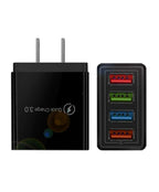 The USB Wall Charger Plug Block Cube 4 Port Portable Quick Charger is a black, two-prong fast charging block with Quick Charge 3.0 and red, green, and blue labeled ports—shown from front and side views for multi-device charging.