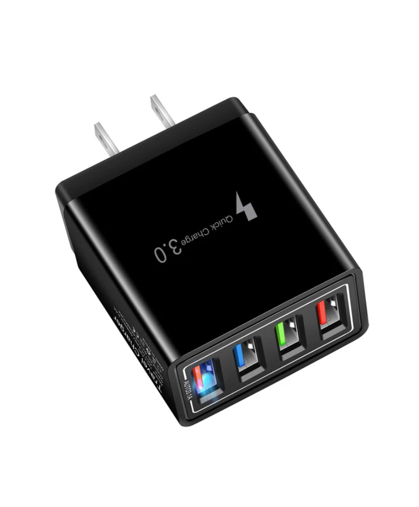 The USB Wall Charger Plug Block Cube 4 Port is a black Quick Charge 3.0 charger with blue, green, red, and white color-outlined ports and two prongs—perfect for fast charging your iPhone or multiple devices at once.