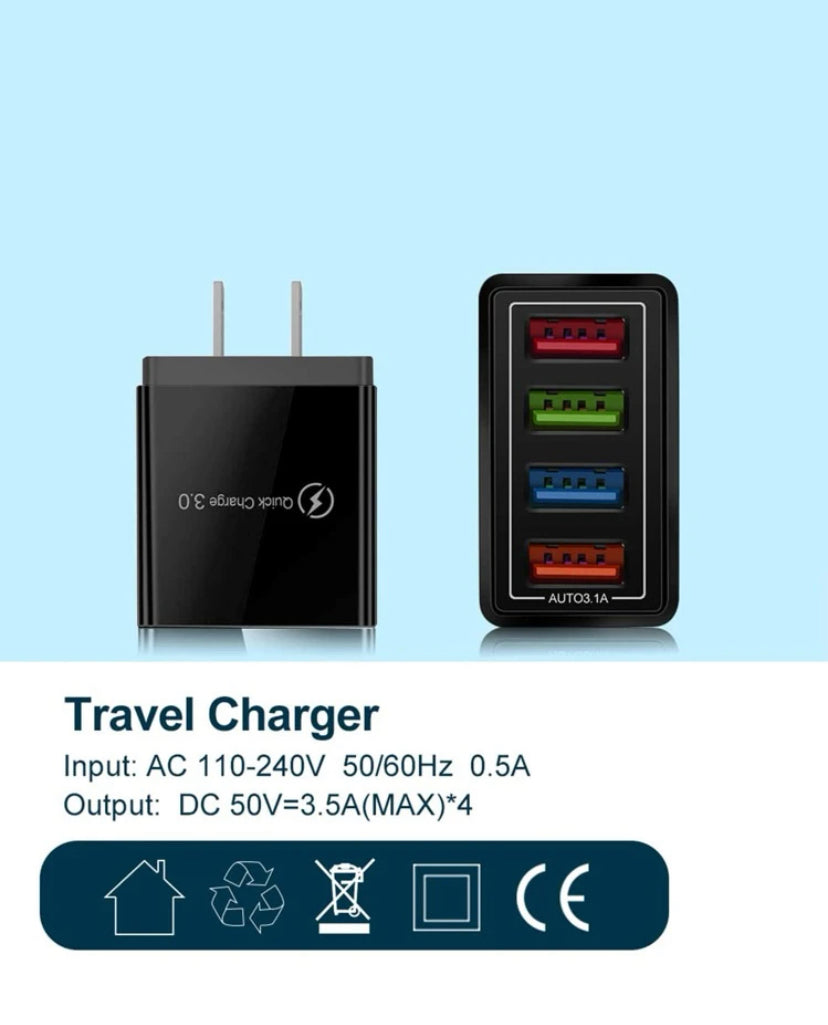 The USB Wall Charger Plug Block Cube 4 Port offers fast charging in red, green, blue, and orange ports. With AC 110-240V input, each port outputs DC 5V/3.5A max—ideal as an iPhone wall charger or quick charging block for all devices.