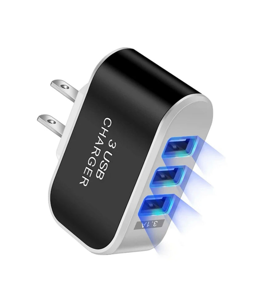 The USB Wall Charger Plug Block Cube 3 Port Portable Fast Charger is a black and white charger with three blue-lit USB ports labeled "3 USB CHARGER," featuring two prongs for outlet use and a blue glow from each port.