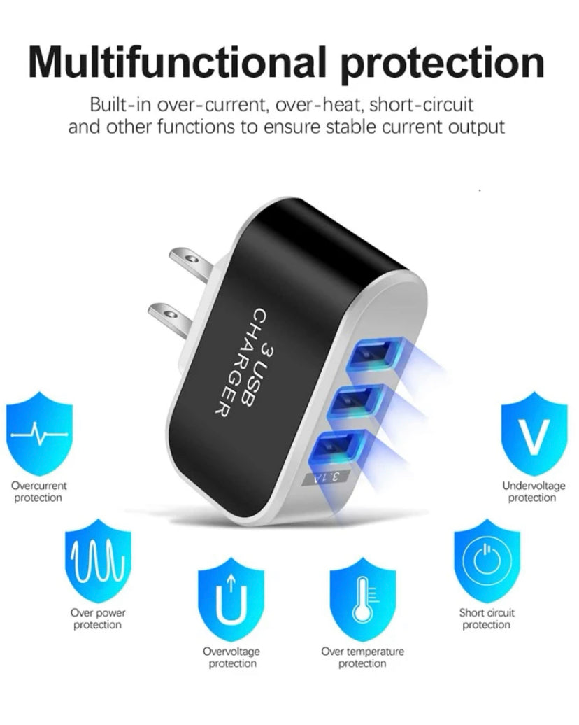 The USB Wall Charger Plug Block Cube 3 Port Portable Fast Charger is shown in black and white with three blue USB ports. Icons below highlight its overcurrent, overvoltage, overpower, overtemperature, undervoltage, and short-circuit protection.