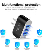 The USB Wall Charger Plug Block Cube 3 Port Portable Fast Charger is shown in black and white with three blue USB ports. Icons below highlight its overcurrent, overvoltage, overpower, overtemperature, undervoltage, and short-circuit protection.