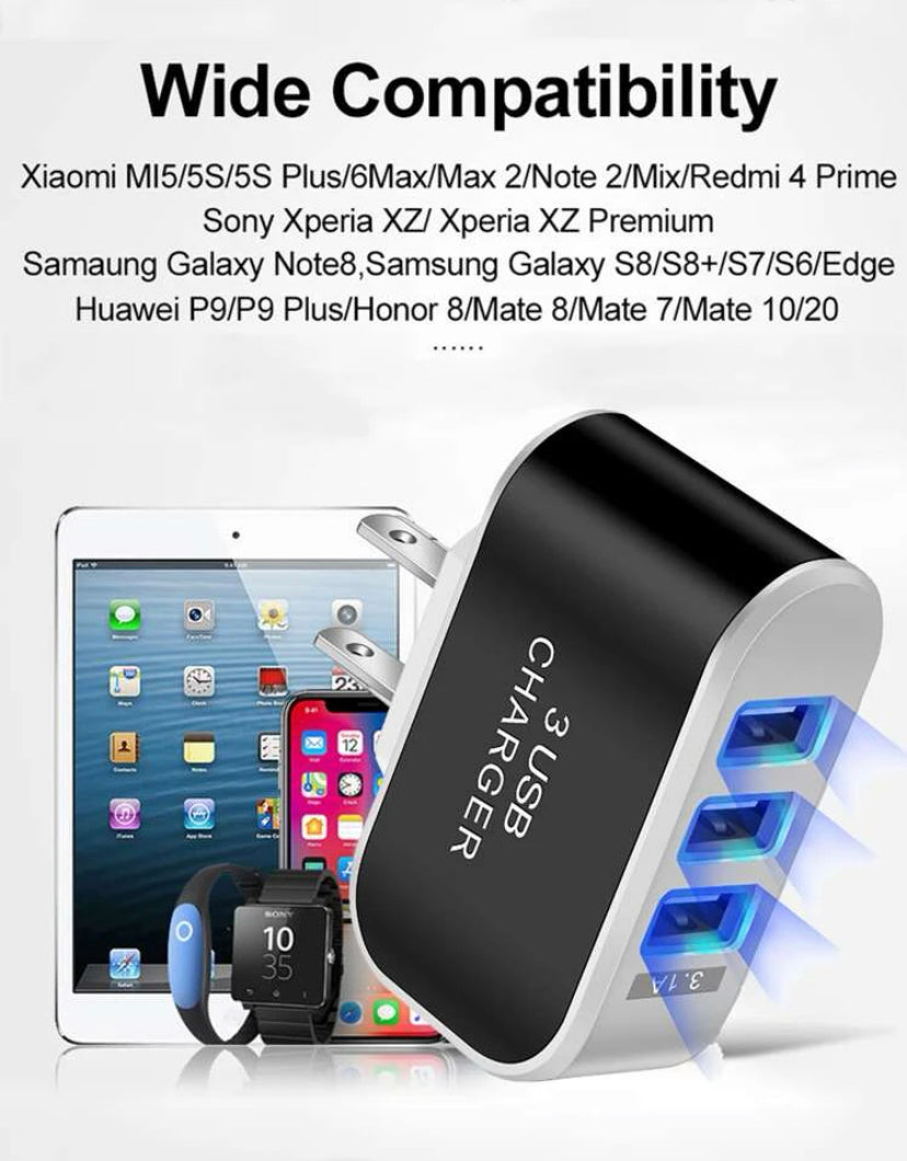 The USB Wall Charger Plug Block Cube 3 Port Portable Fast Charger with glowing blue ports is shown next to a smartphone, tablet, smartwatch, and fitness band, highlighting its compatibility with iPhone and Xiaomi, Sony, Samsung, and Huawei devices.