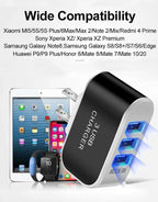 The USB Wall Charger Plug Block Cube 3 Port Portable Fast Charger with glowing blue ports is shown next to a smartphone, tablet, smartwatch, and fitness band, highlighting its compatibility with iPhone and Xiaomi, Sony, Samsung, and Huawei devices.