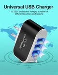 The USB Wall Charger Plug Block Cube 3 Port Portable Fast Charger, in black and silver, is shown on a blue backdrop with a world map and voltage diagram, highlighting its 110-220V compatibility—ideal as an iPhone wall charger.
