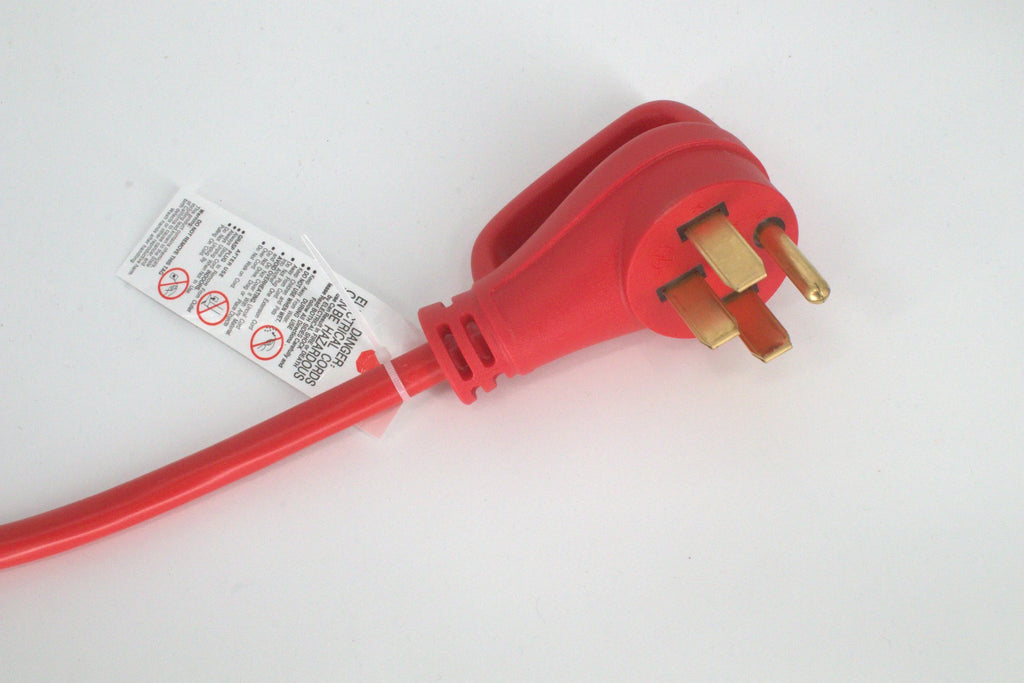 A red 50 Amp Generator Adapter Cord (14-50P to 3x 5-15R outlets) with a tag, shown on a white surface; designed as a heavy-duty solution for converting generator power to standard outlets.