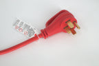 A red 50 Amp Generator Adapter Cord (14-50P to 3x 5-15R outlets) with a tag, shown on a white surface; designed as a heavy-duty solution for converting generator power to standard outlets.