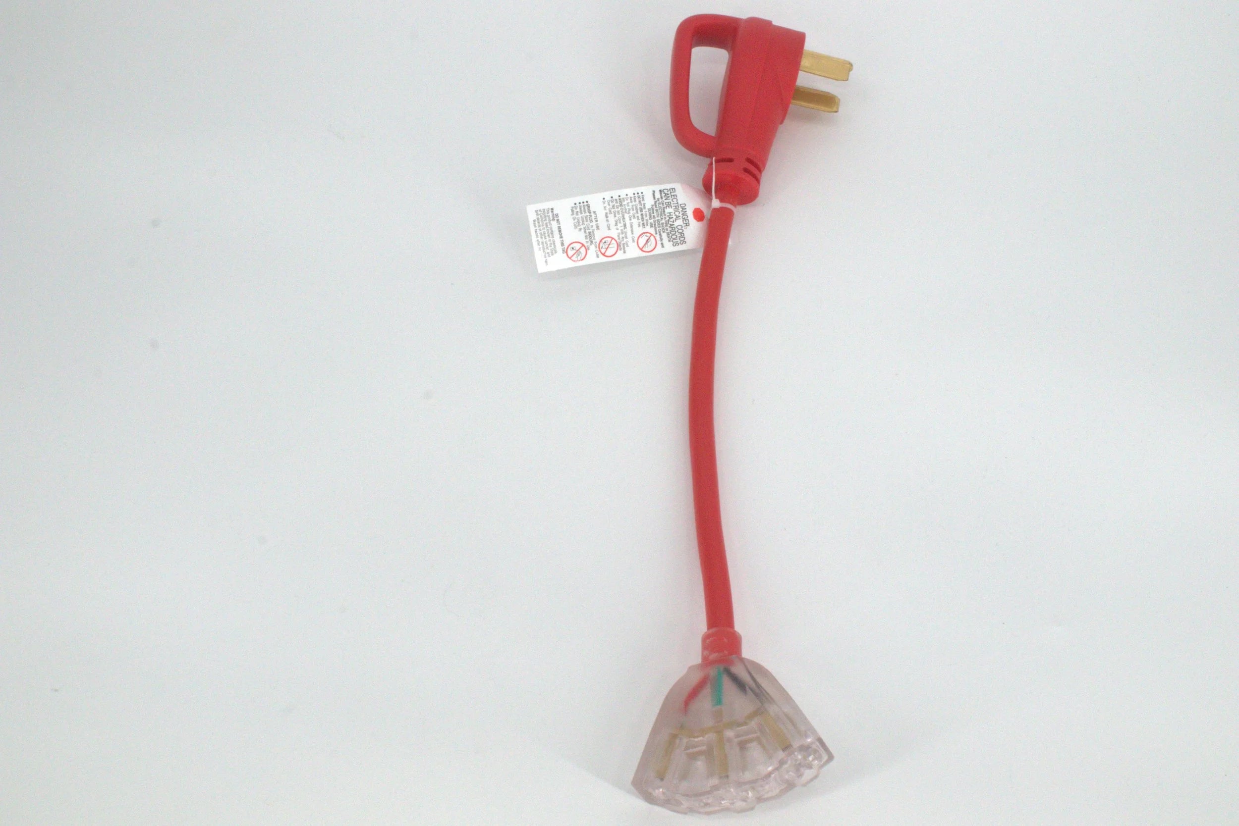 The 50 Amp Generator Adapter Cord 14-50P to 3x 5-15R Outlets is a short, red, heavy-duty cord with a three-prong plug and clear three-outlet socket with a warning label—ideal for adapting generators to various setups.