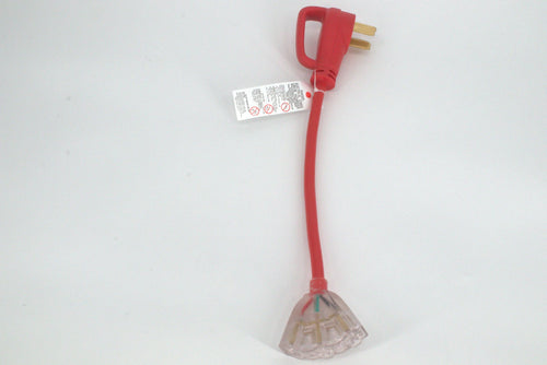 The 50 Amp Generator Adapter Cord 14-50P to 3x 5-15R Outlets is a short, red, heavy-duty cord with a three-prong plug and clear three-outlet socket with a warning label—ideal for adapting generators to various setups.