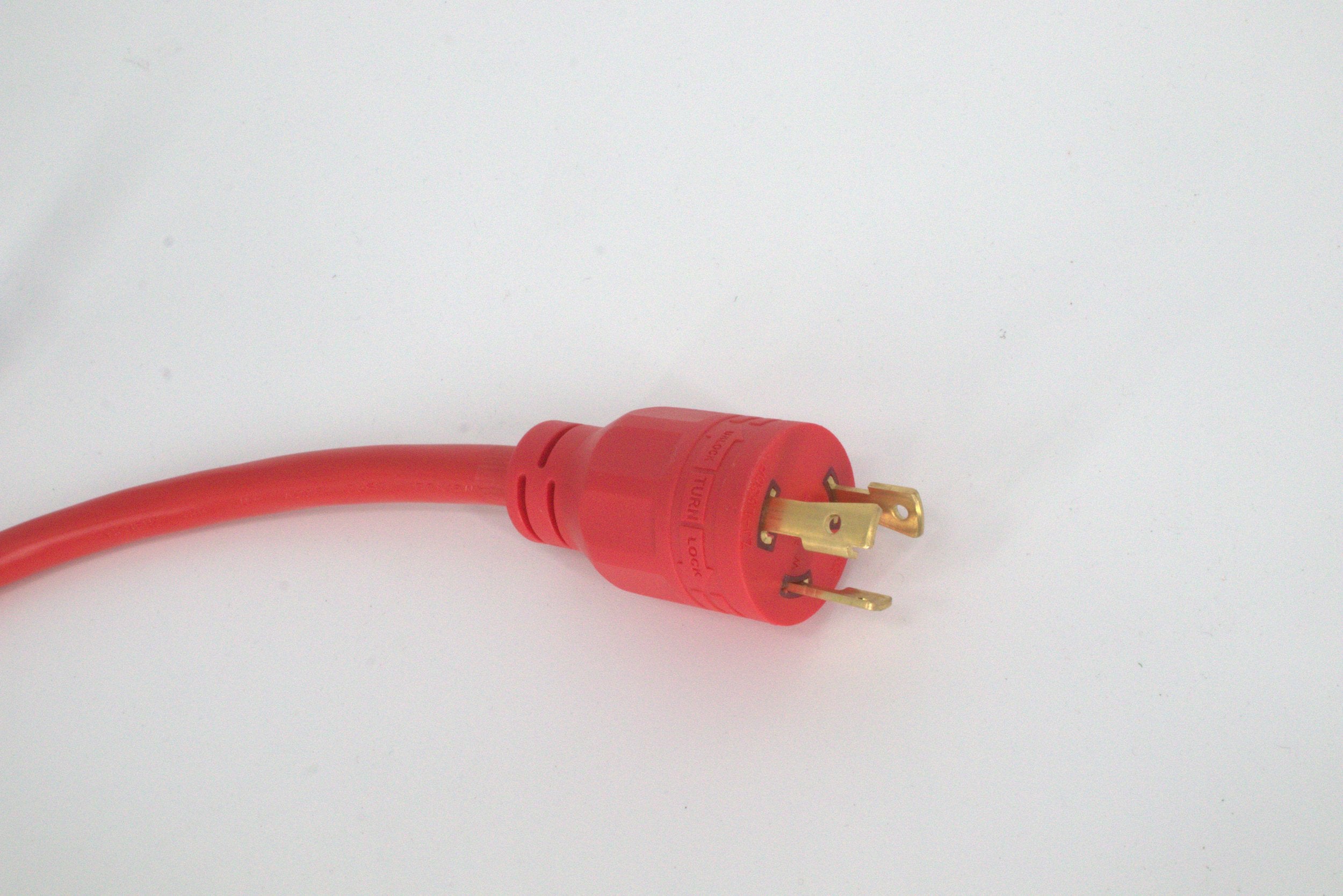 A close-up of a 30 Amp Generator Adapter Cord L5-30P to 3x 5-15R Outlets, featuring a three-prong plug, shown on a white background.
