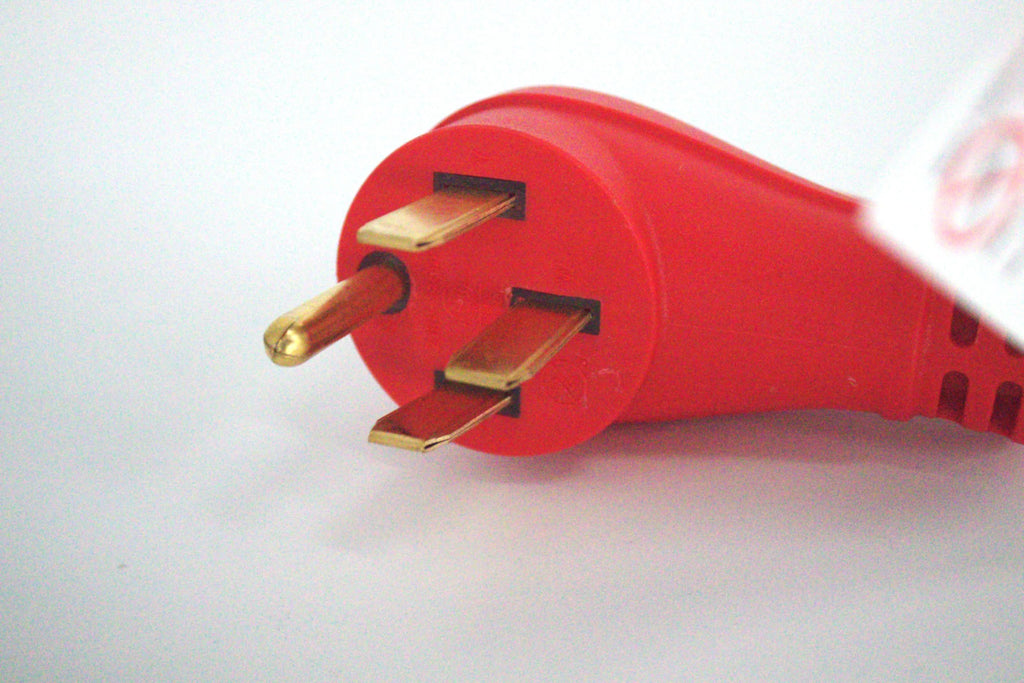 Close-up of the 50 Amp Generator Adapter Cord 14-50P to 3x 5-15R Outlets, featuring a red heavy-duty design with three flat, gold prongs, shown on a plain white background.