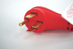 Close-up of the 50 Amp Generator Adapter Cord 14-50P to 3x 5-15R Outlets, featuring a red heavy-duty design with three flat, gold prongs, shown on a plain white background.