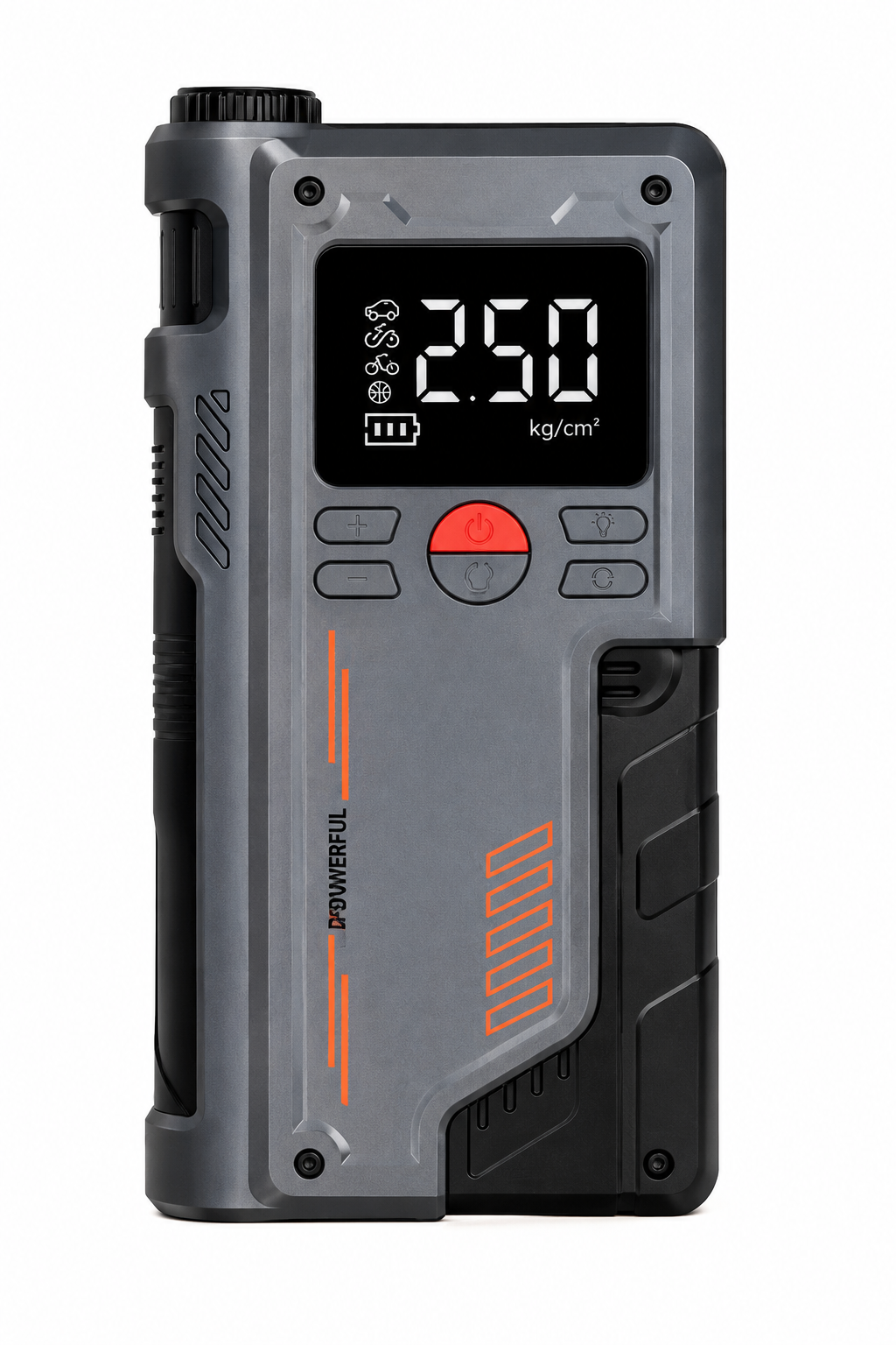 The 8000mAh Portable Jump Starter & Air Compressor w/ USB-C features a display showing "2.50 kg/cm²", control and power buttons, plus a rugged gray and black design with orange accents—an essential emergency tool for your vehicle.