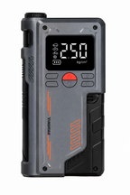 The 8000mAh Portable Jump Starter & Air Compressor w/ USB-C features a display showing "2.50 kg/cm²", control and power buttons, plus a rugged gray and black design with orange accents—an essential emergency tool for your vehicle.