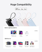 A promo image features five Anker Power Bank (10K, Fusion, Built-In Cable) units in black, white, purple, pink, and blue with built-in Lightning cables. Compatible Apple/Samsung devices and AirPods are also shown below.