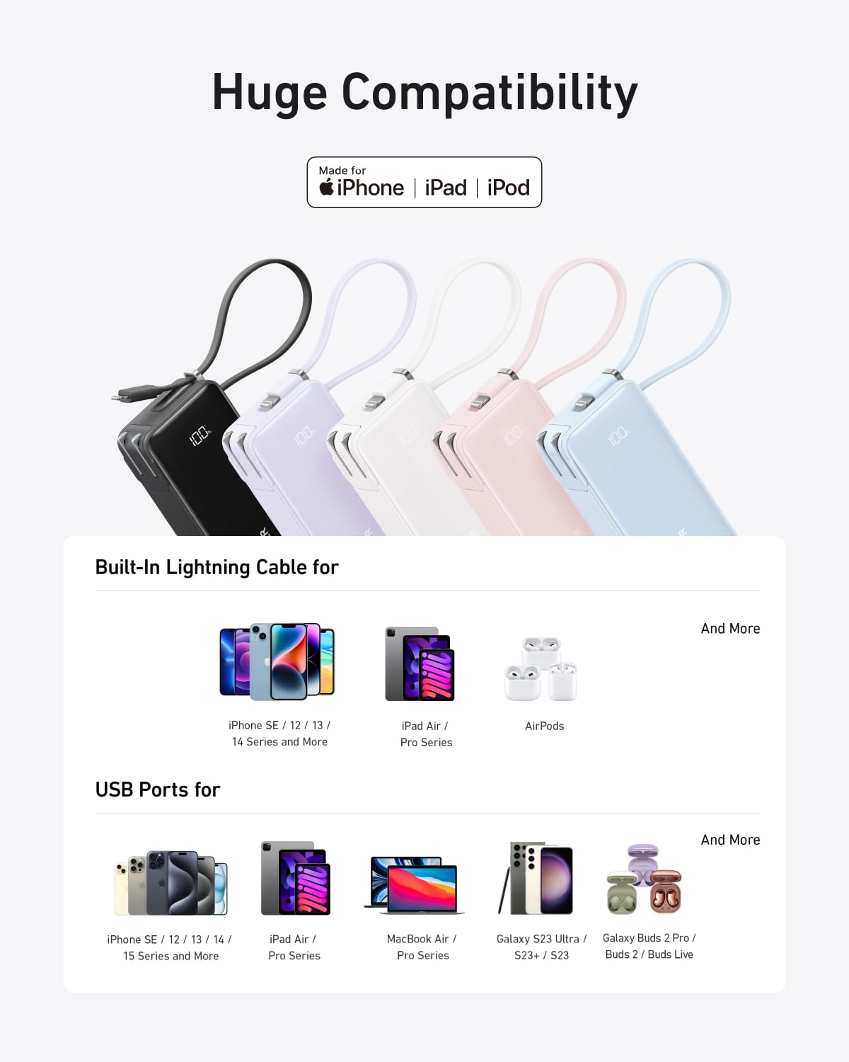 A promo image features five Anker Power Bank (10K, Fusion, Built-In Cable) units in black, white, purple, pink, and blue with built-in Lightning cables. Compatible Apple/Samsung devices and AirPods are also shown below.