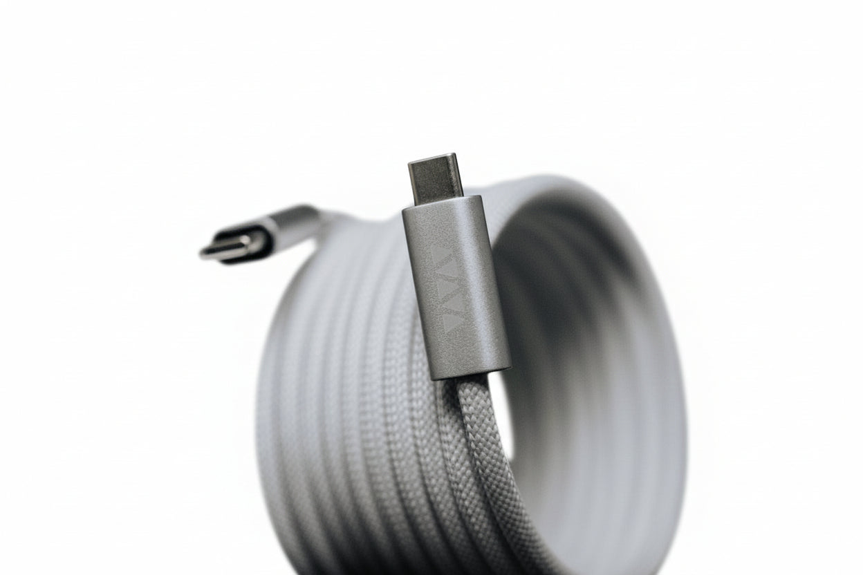 Close-up of the Luxe Magnetic Cable—a heavy-duty, gray braided USB-C cable with metal connectors for fast charging—shown against a white background.