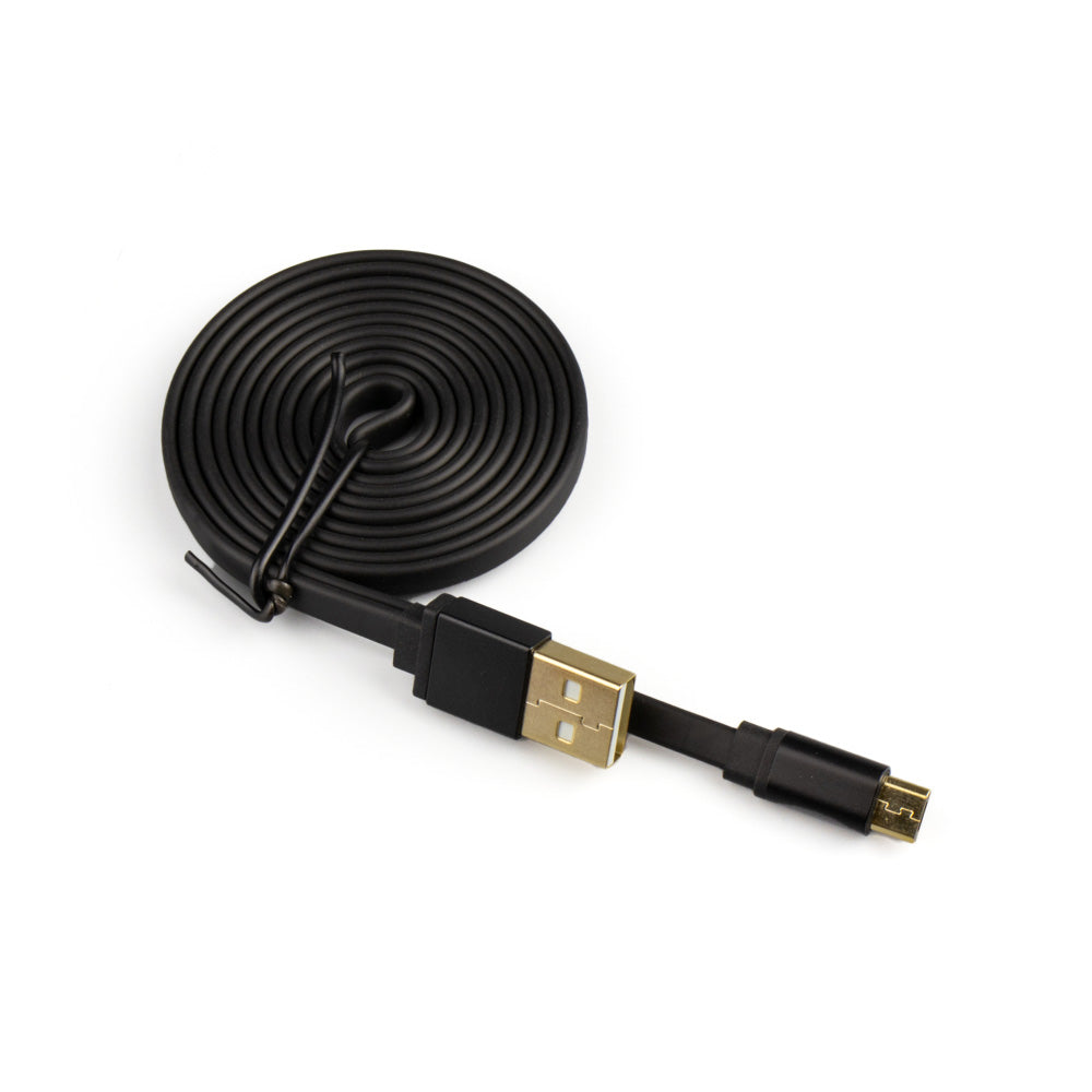 A coiled black USB-A 2.0 to Micro USB Cable, featuring a standard USB-A connector on one end and a micro-USB connector on the other, ideal for charging devices like an Xbox One controller or PS4 controller, is displayed on a white background.