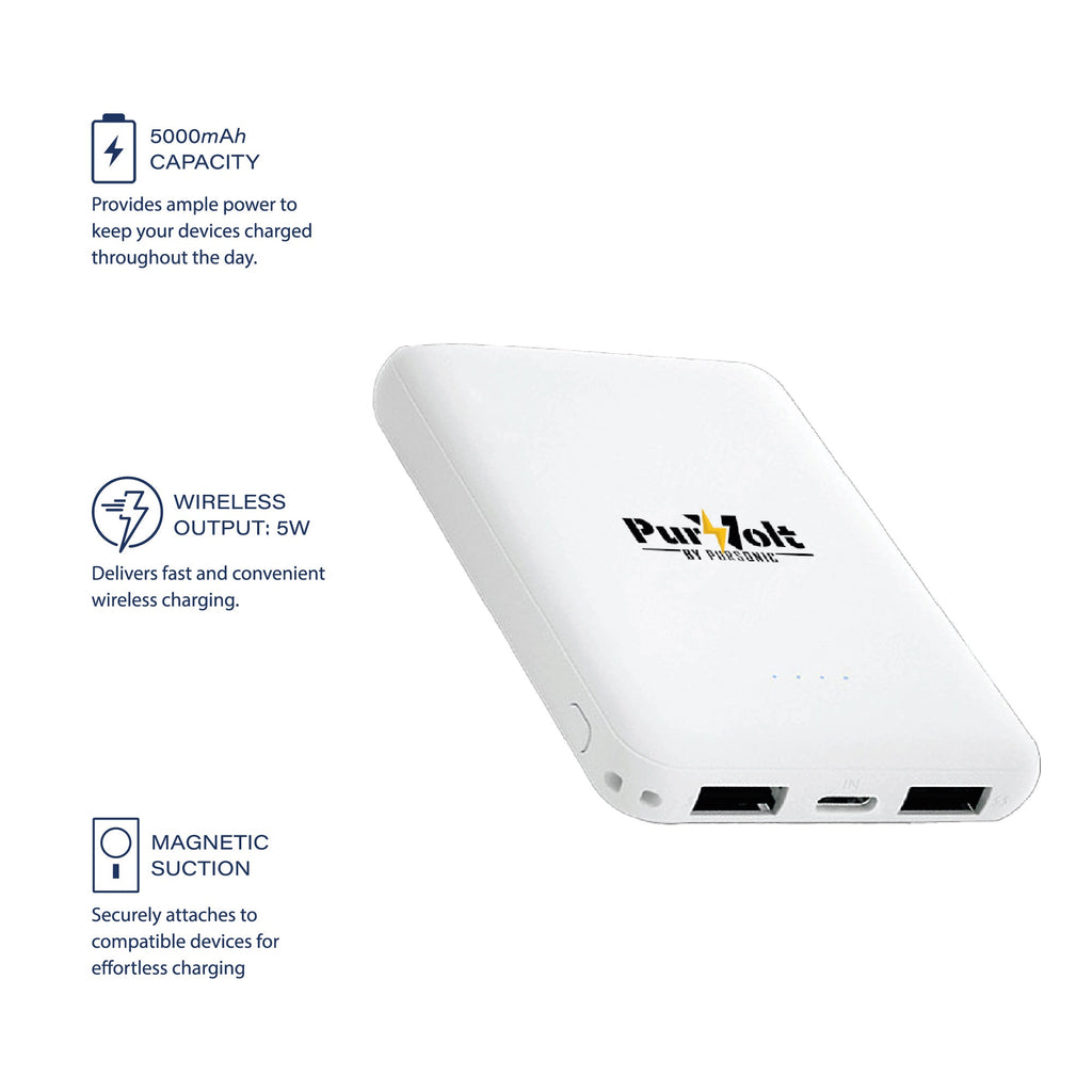 The Pursonic Ultra-Compact 5000mAh Wireless Power Bank is shown in white, featuring ports, indicator lights, 5W wireless output, and magnetic suction for secure attachment and easy charging.