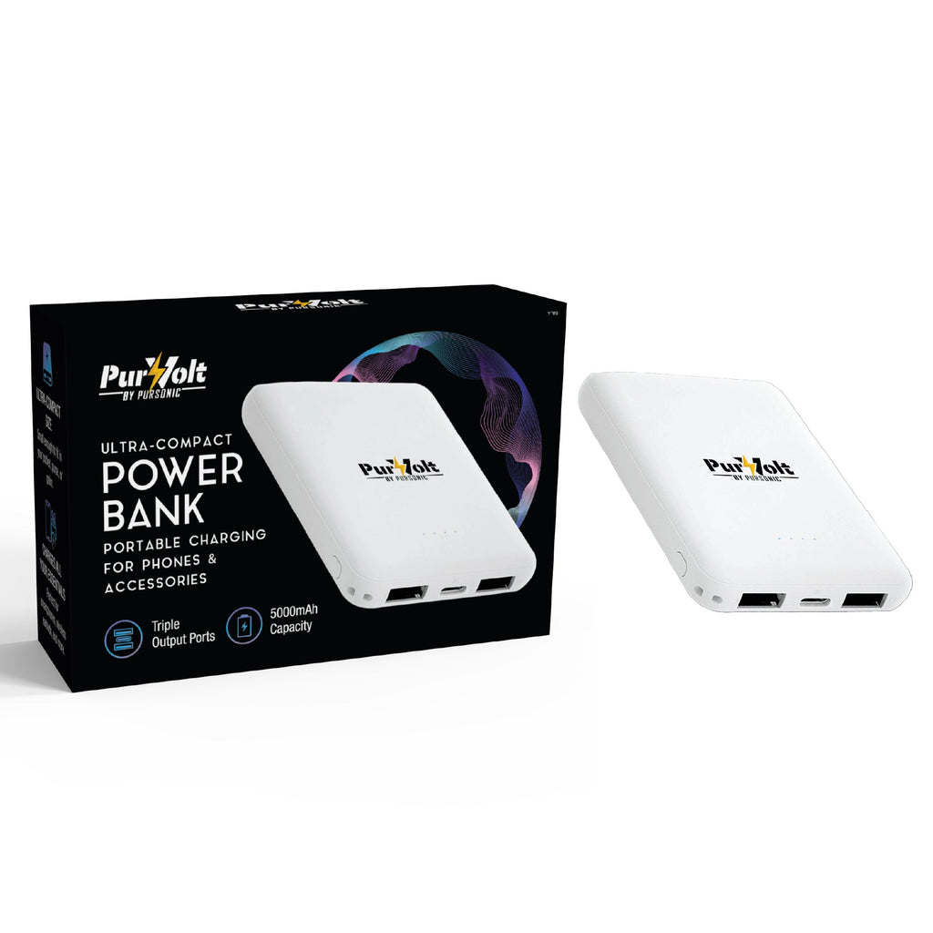 A white Pursonic Ultra-Compact 5000mAh Wireless Power Bank is displayed beside its packaging, showcasing triple output ports and wireless charging for phones and accessories in a portable design.