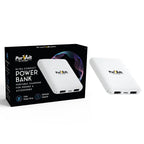 A white Pursonic Ultra-Compact 5000mAh Wireless Power Bank is displayed beside its packaging, showcasing triple output ports and wireless charging for phones and accessories in a portable design.