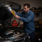 A man in a denim shirt checks a car engine in a garage using the Pursonic 2-in-1 Ultra Bright Flashlight & LED Fast Charging Power Bank, with tools, a multimeter, and an emergency kit visible in the background.