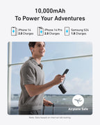 A smiling man at the airport holds a suitcase and the Anker Power Bank (10K, Fusion, Built-In Cable). Text shows 2 charges for iPhone 14, 2 for iPhone 14 Pro, and 1.8 for Samsung S24. Fast charge and airplane safe icons are displayed.
