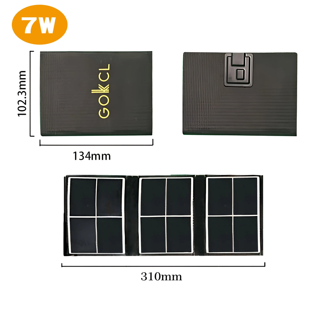 The Portable Solar Charger features a waterproof, high-efficiency monocrystalline panel. Folded: 134mm x 102.3mm; open: 310mm wide with four panels. Black with yellow logo—perfect for camping, hiking, travel, and emergencies.