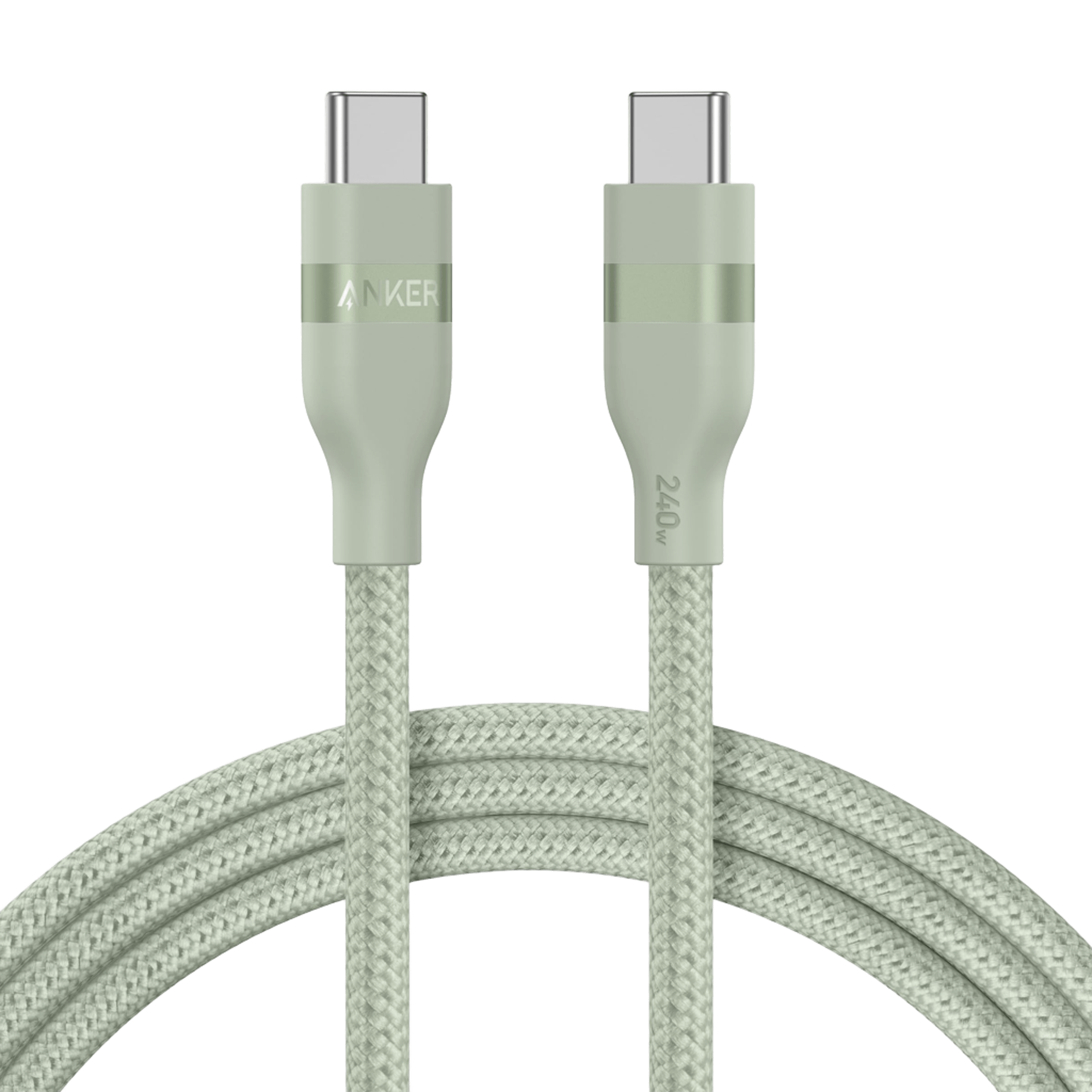 A braided light green Anker USB-C to USB-C cable (3 ft / 6 ft, 240W, Upcycled-Braided) with silver connector ends and the Anker logo on one end.