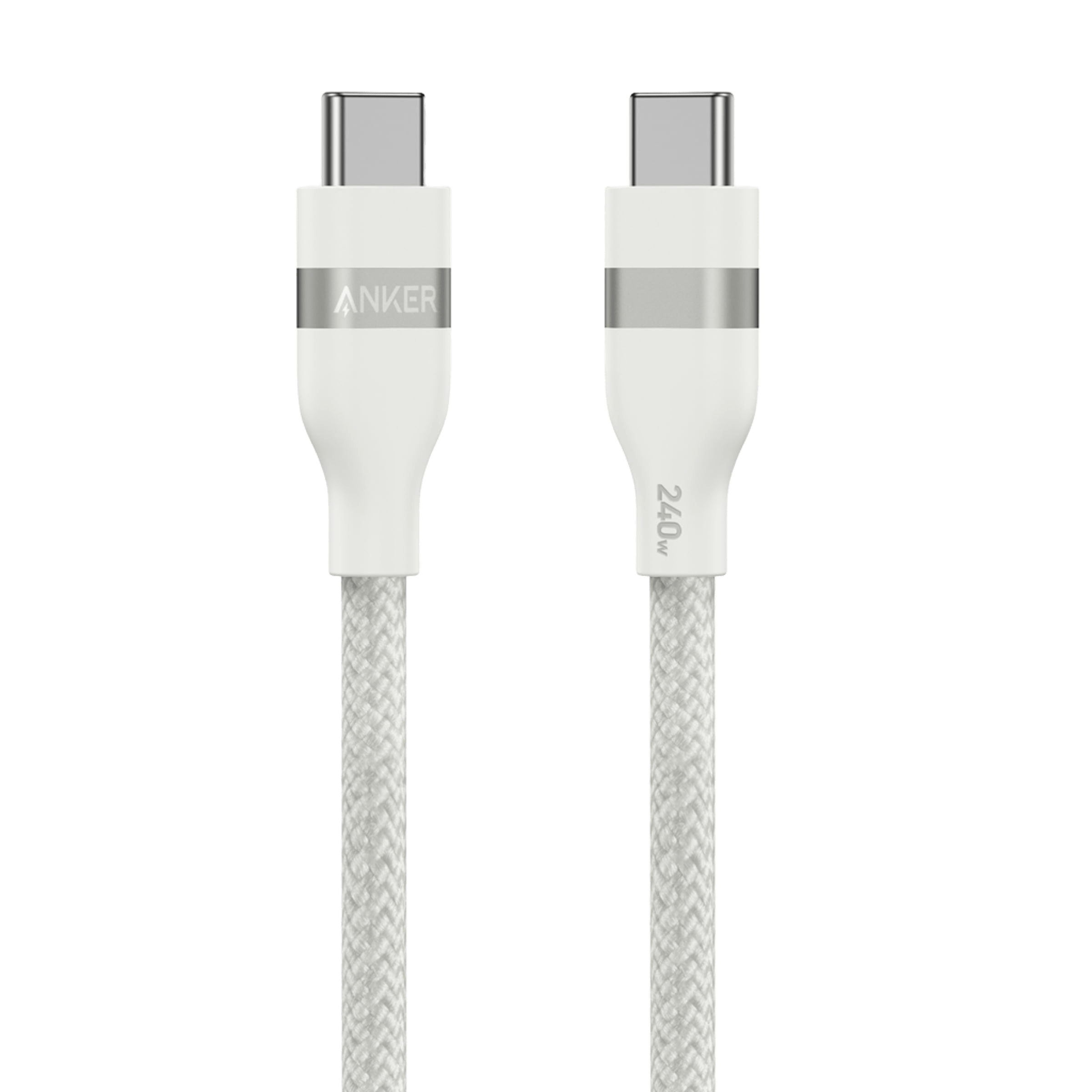 White Anker USB-C to USB-C Cable (3 ft / 6 ft, 240W, Upcycled-Braided) with silver accents, “ANKER” on one connector and “240W” on the other, shown on a plain white background.
