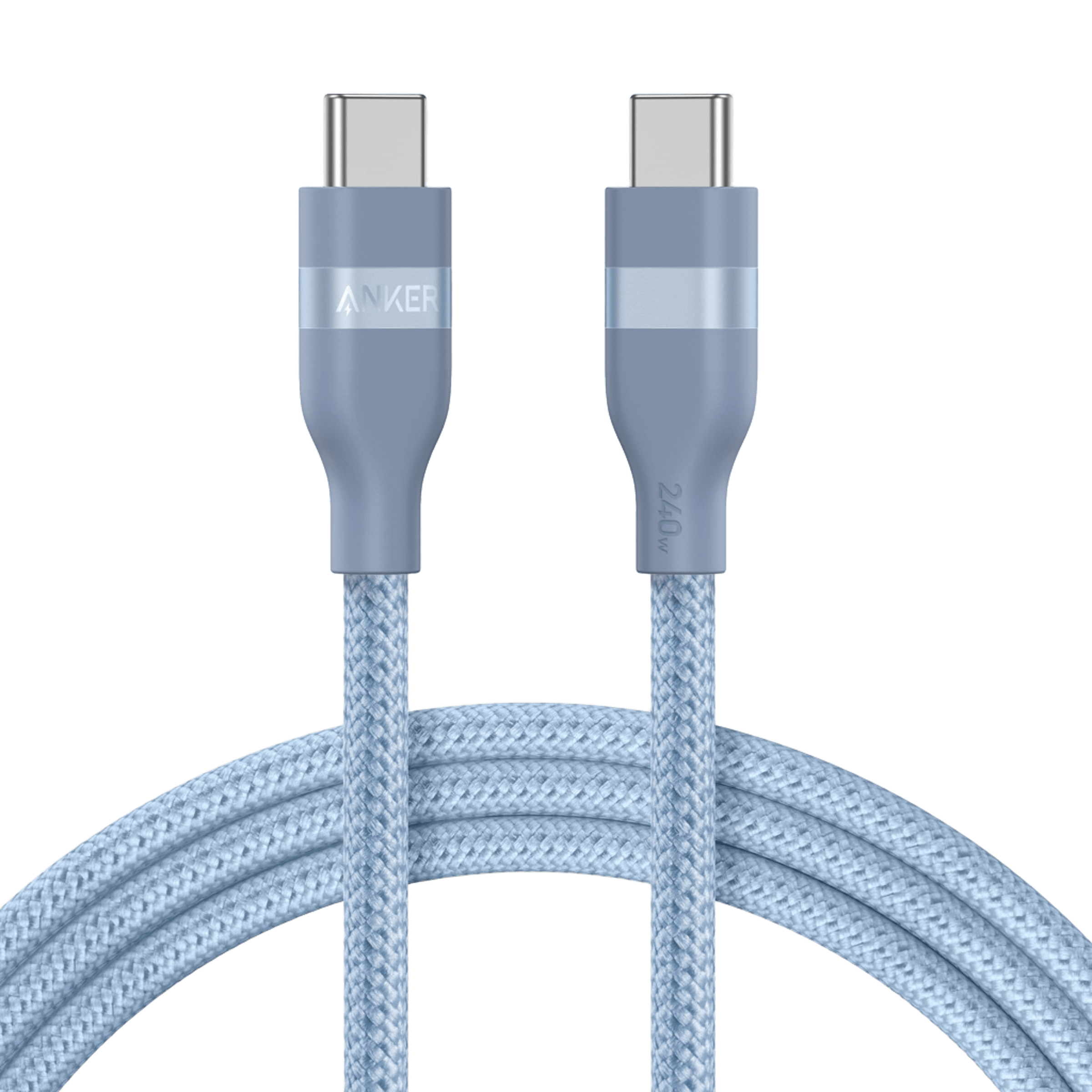 A coiled light blue Anker USB-C to USB-C Cable (3 ft / 6 ft, 240W, Upcycled-Braided) with silver connector detailing is shown on a white background.