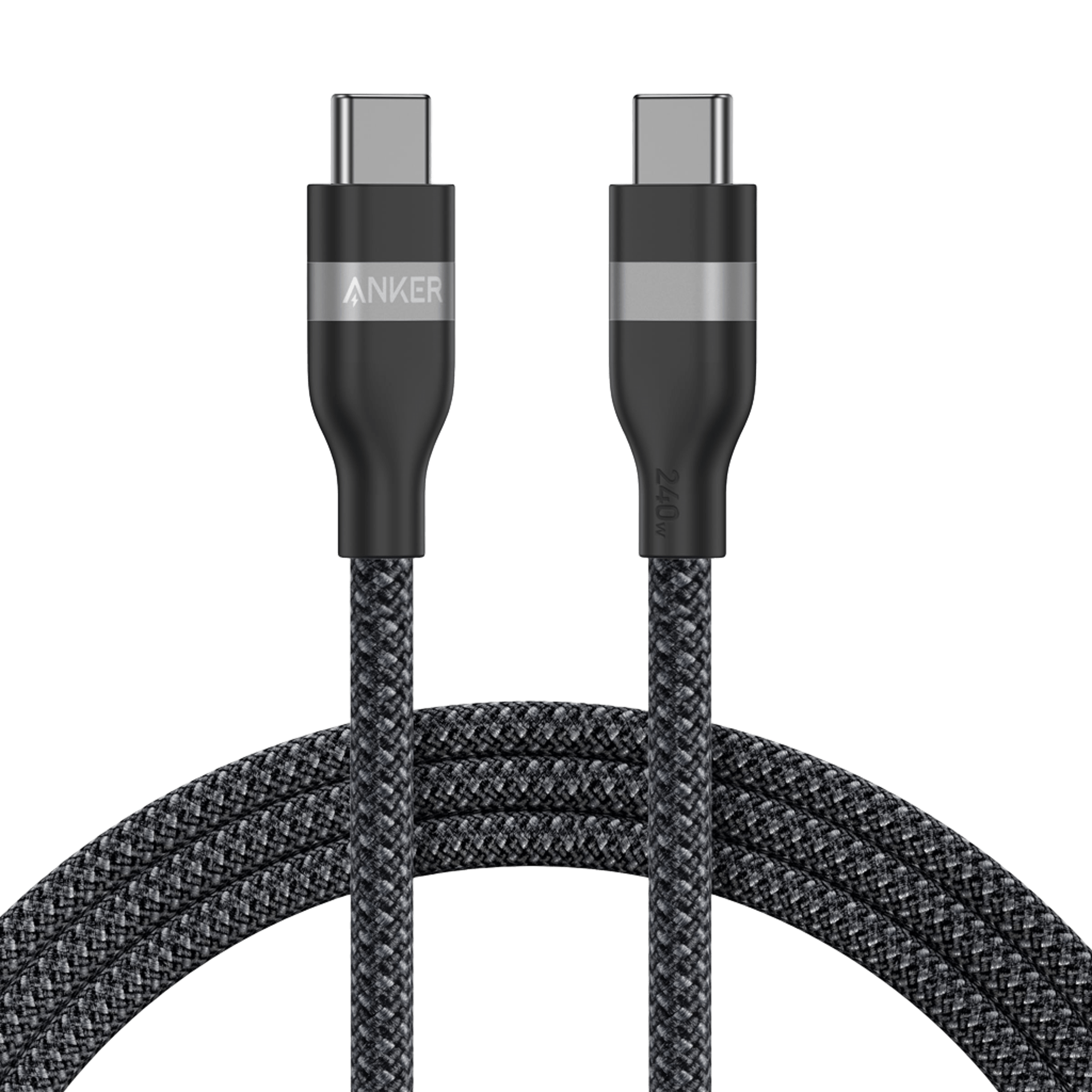 The Anker USB-C to USB-C Cable (3 ft/6 ft, 240W, Upcycled-Braided) is a black braided cable with reinforced connectors. It has the Anker logo on one end and “240W” on the other, shown coiled neatly against a white background.