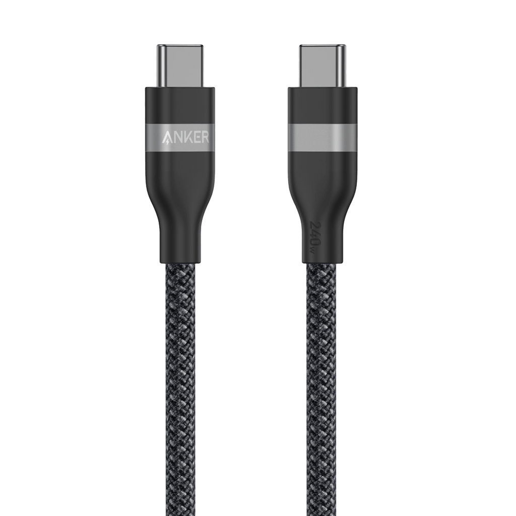 Two black Anker USB-C to USB-C (3 ft/6 ft, 240W, Upcycled-Braided) cables stand upright on a white background. Ultra-durable with metallic connectors, the left one displays the "ANKER" brand.