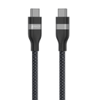 Two black Anker USB-C to USB-C (3 ft/6 ft, 240W, Upcycled-Braided) cables stand upright on a white background. Ultra-durable with metallic connectors, the left one displays the "ANKER" brand.