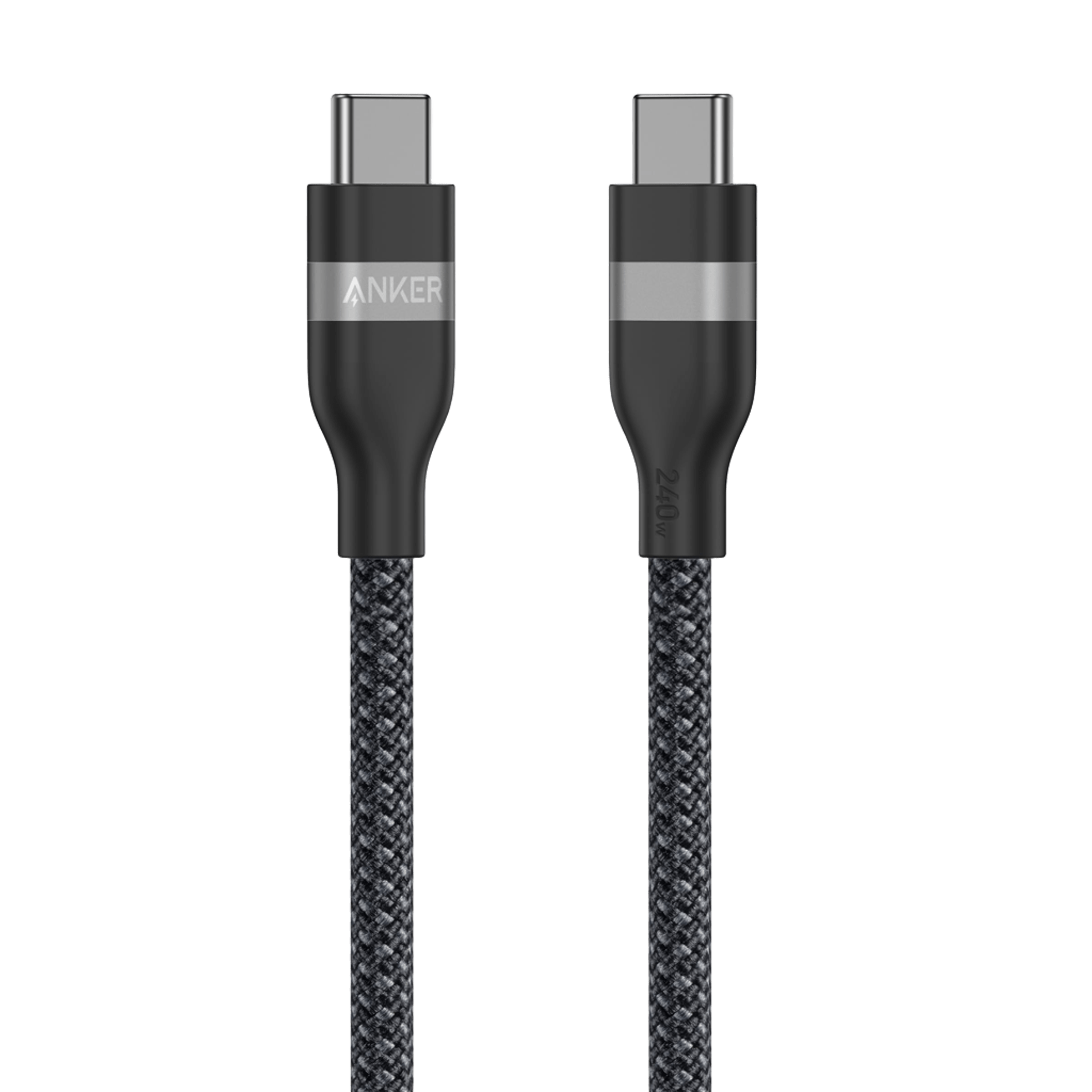 Two black Anker USB-C to USB-C (3 ft/6 ft, 240W, Upcycled-Braided) cables stand upright on a white background. Ultra-durable with metallic connectors, the left one displays the "ANKER" brand.