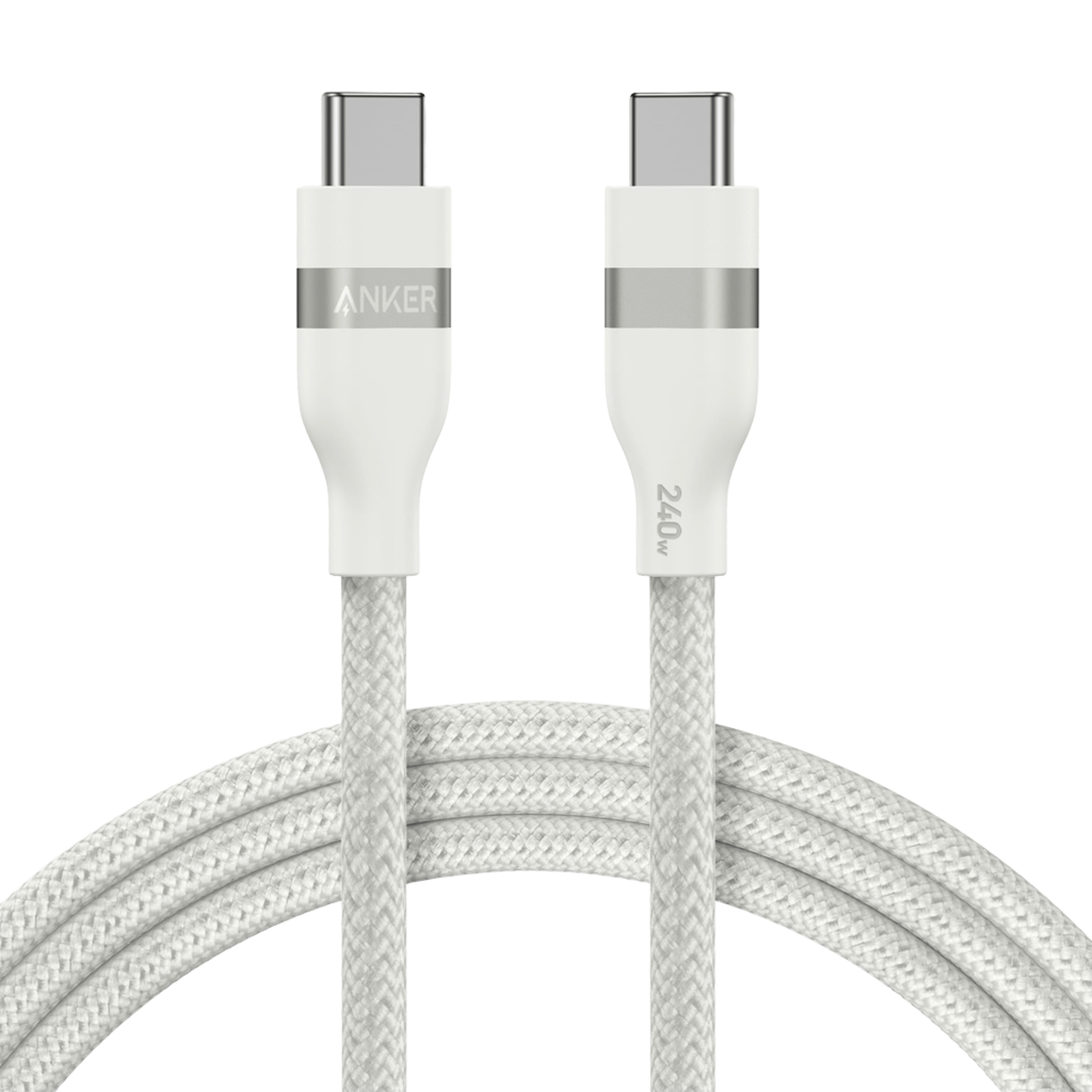 The Anker USB-C to USB-C Cable (3 ft / 6 ft, 240W, Upcycled-Braided) is a white ultra-durable braided charging cable with silver accents and "Anker" and "240W" labels for fast, reliable power delivery.