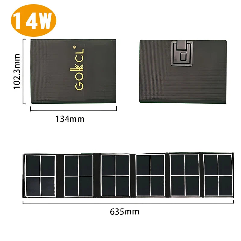 The GOKCL Portable Solar Charger is a black, waterproof 14W high-efficiency monocrystalline panel for camping, hiking, travel & emergency power. Folded size: 134mm x 102.3mm; unfolded: 635mm long with six solar sections visible.