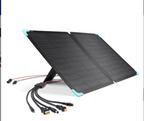 The Renogy 8FT Solar Charging Adapter Cable with Multi DC Connectors extends from a portable, foldable solar panel with turquoise corners, ideal for off-grid charging and connecting to portable power stations. The setup is shown on a plain white background.