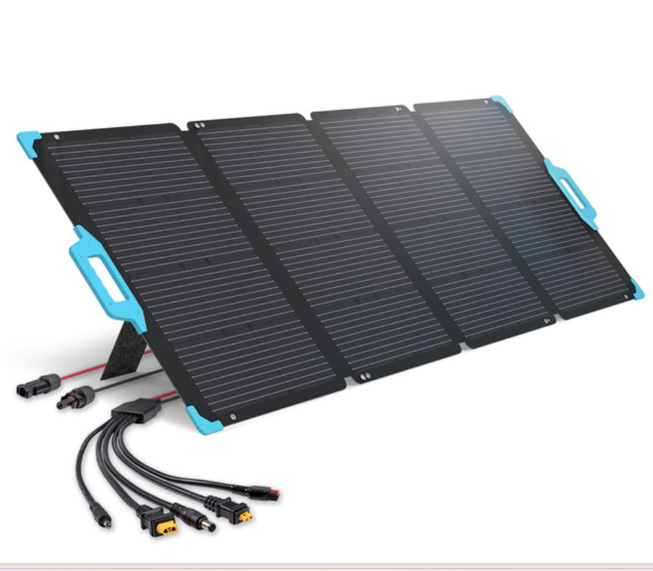 The Renogy 8FT Solar Charging Adapter Cable with Multi DC Connectors is attached to a foldable four-panel solar charger, providing versatile connections—perfect for off-grid solar charging and portable power stations.