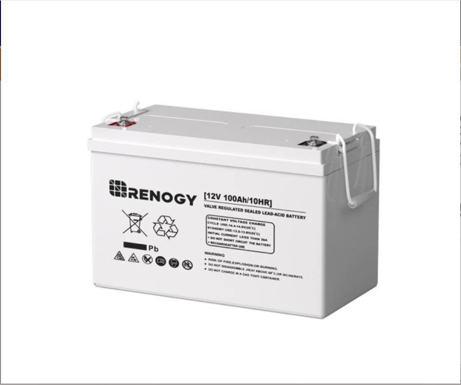 The Deep Cycle AGM Battery 12 Volt 100Ah is a white, sealed lead-acid battery featuring a carrying handle, top power terminals, safety symbols, and front-printed specifications for reliable performance.
