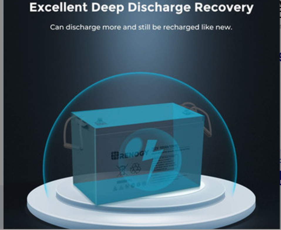 A Deep Cycle AGM Battery 12 Volt 100Ah sits under a blue glowing arc on a circular platform, with “Excellent Deep Discharge Recovery—discharge more and recharge like new” displayed above.