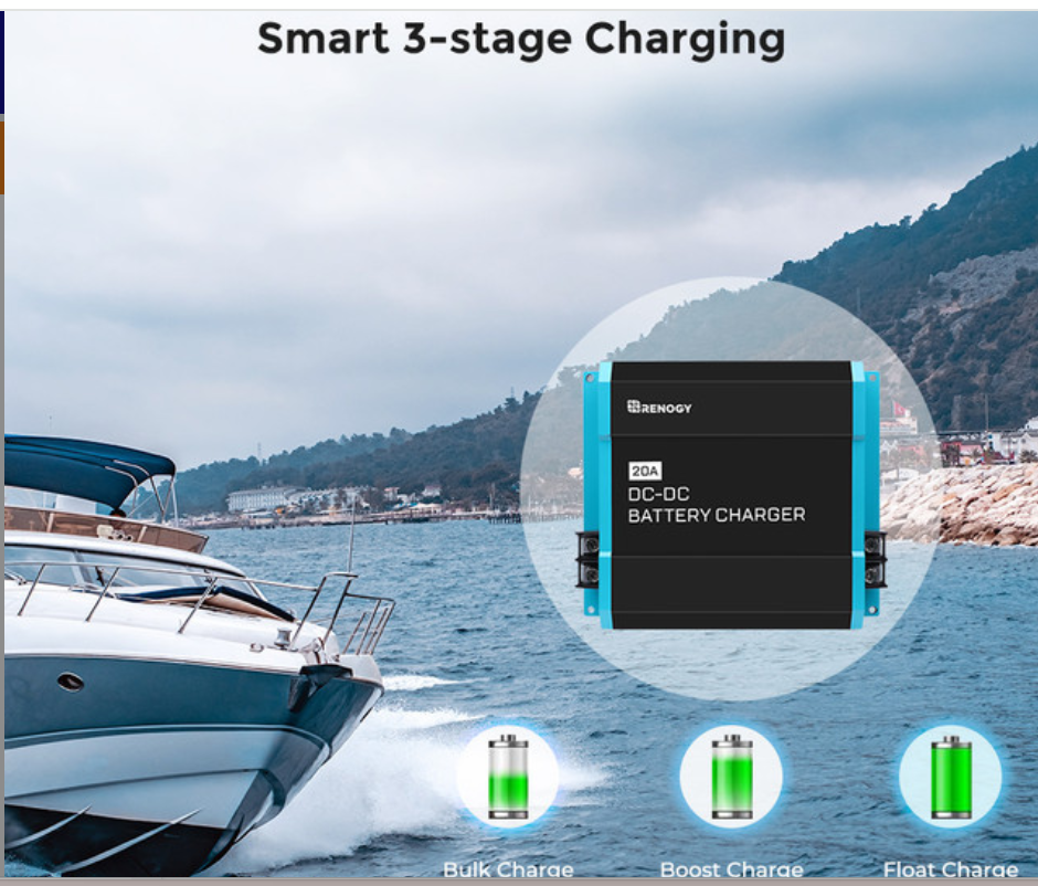 A boat near a coastal town is shown under cloudy skies. Inset is an On-Board Battery Charger 12V, with icons below illustrating bulk, boost, and float stages for efficient RV battery charging.