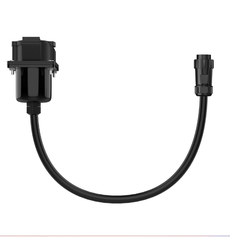A black EV Station Charger with a rectangular housing on one end and a cylindrical plug on the other, linked by a flexible curved cable—perfect as an adapter for Bluetti chargers or portable power stations—displayed against white.