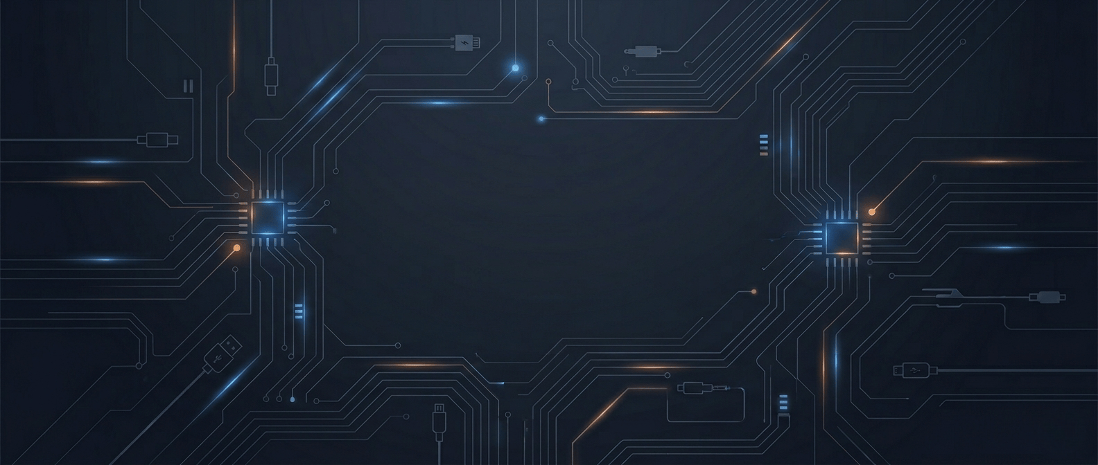 Abstract dark background with glowing blue and orange digital circuit lines and small electronic components, resembling a futuristic computer motherboard or technology network.